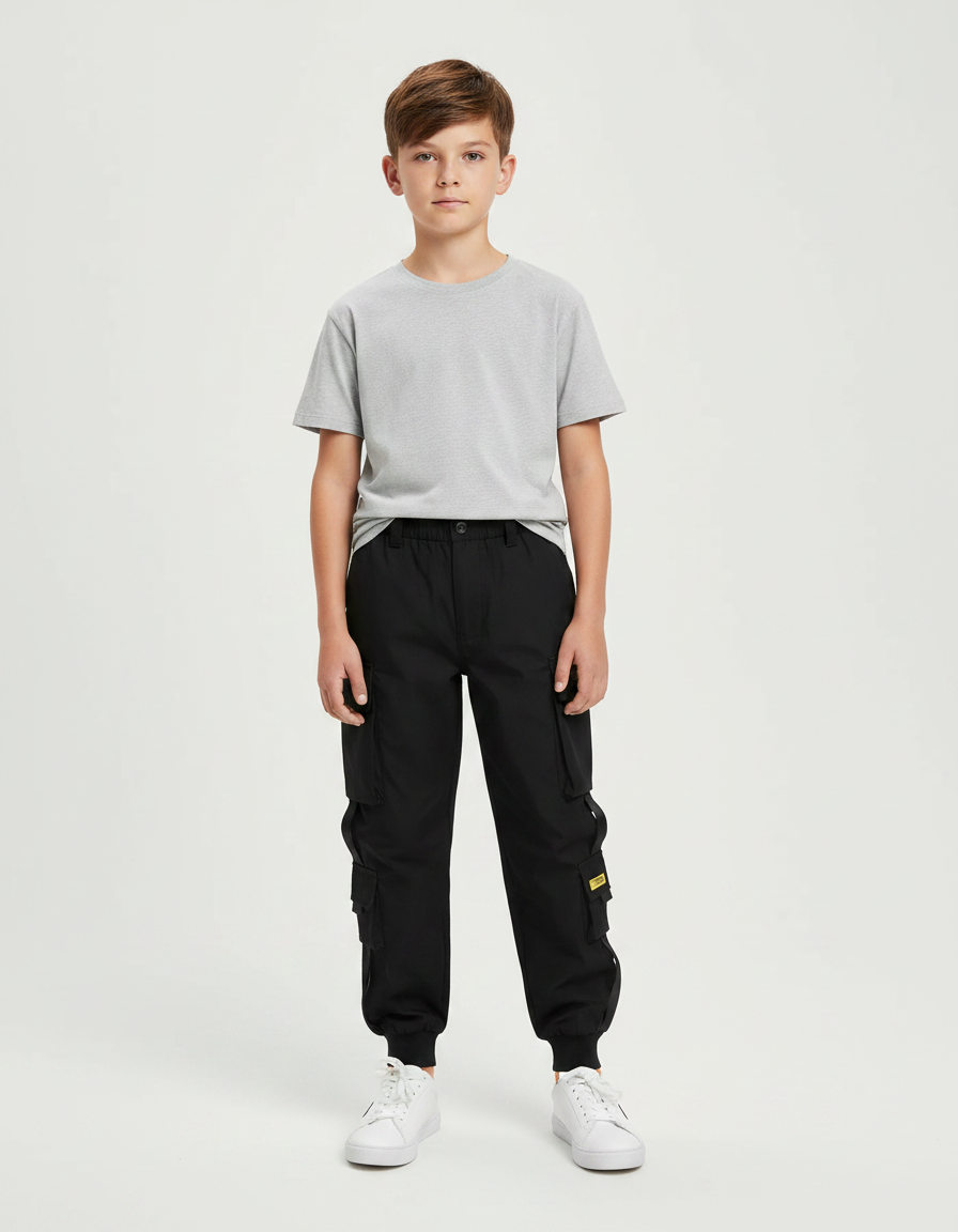 Pantalon Noir Cargo Coton Poches Multiples Garçon