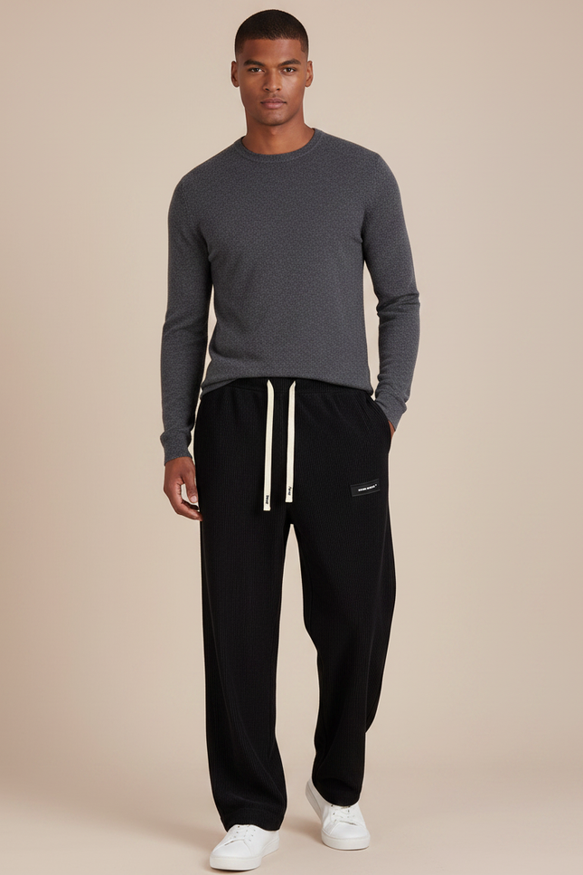 Pantalon Noir Côtelé Ample Décontracté Urbain - Cordé