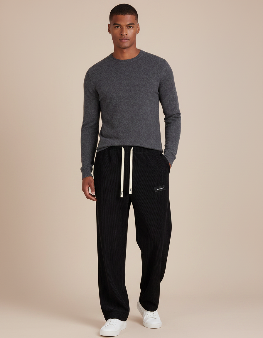 Pantalon Noir Côtelé Ample Décontracté Urbain - Cordé