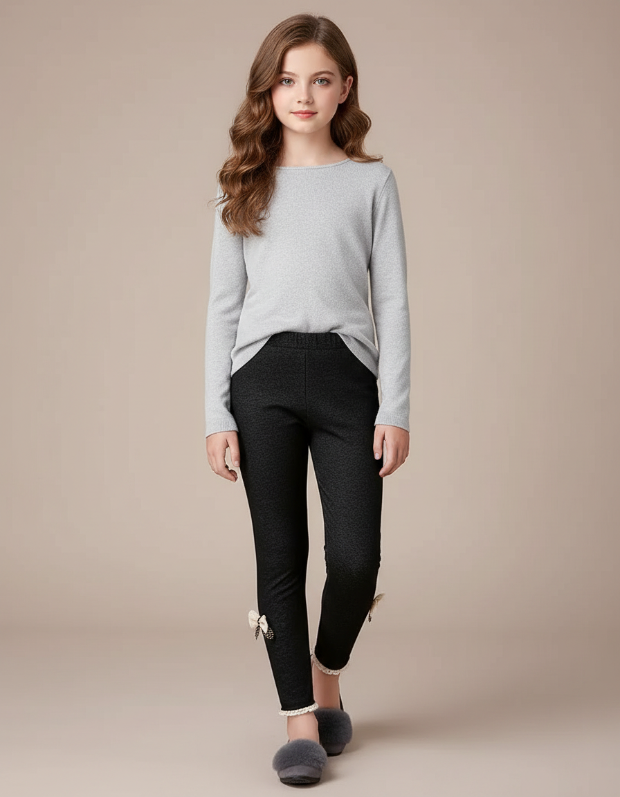 Pantalon Noir Fille Motif Discret Nœuds Cheville - Maille