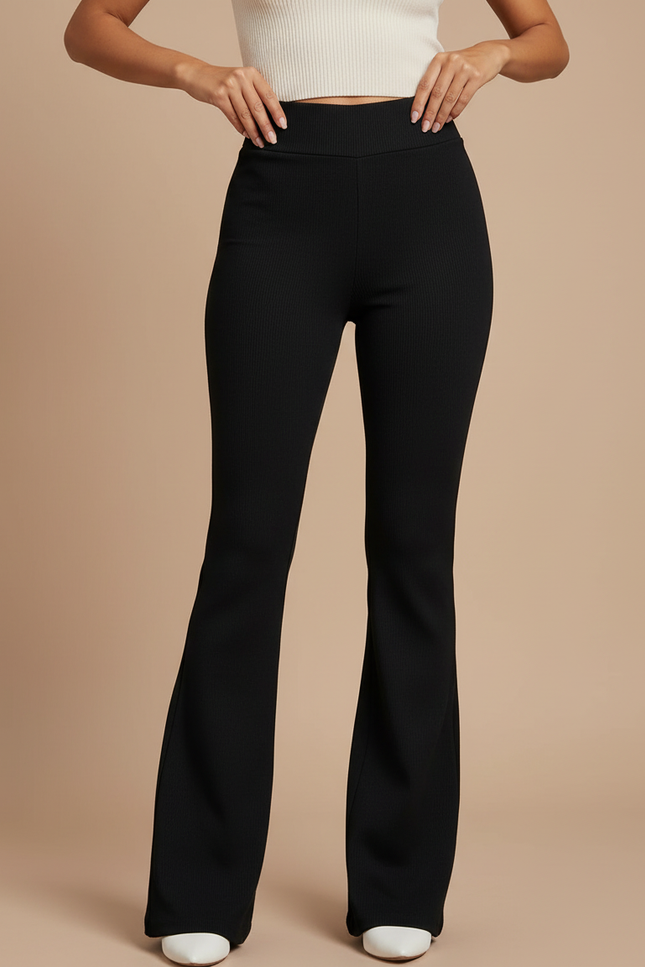 Pantalon Noir Côtelé Évasé Taille Haute Extensible - Maille