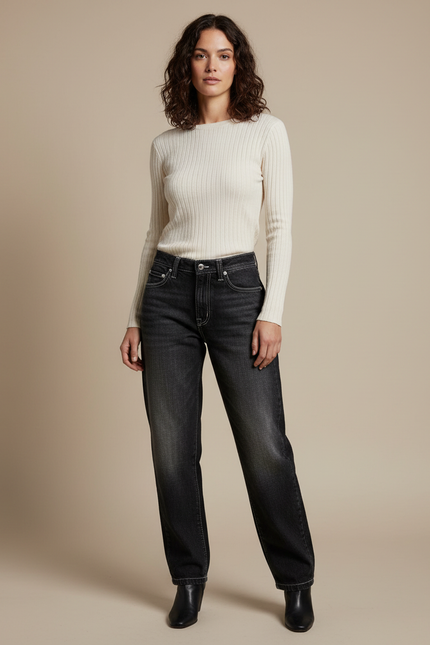 Pantalon Noir Ample Denim Délavé Femme Streetwear - Jean
