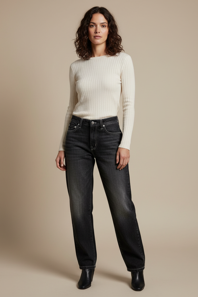 Pantalon Noir Ample Denim Délavé Femme Streetwear - Jean