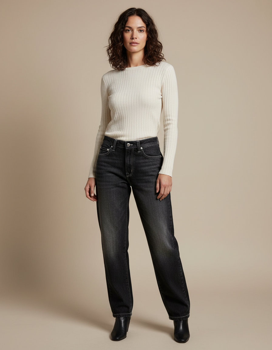 Pantalon Noir Ample Denim Délavé Femme Streetwear - Jean