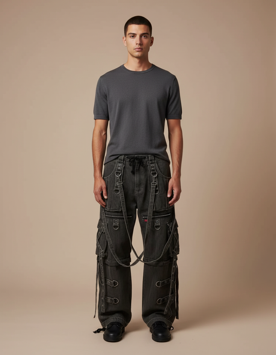 Pantalon Noir Cargo Ample Multi-poches Vintage - Jean
