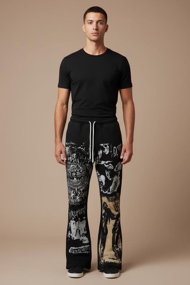 Pantalon Noir Évasé Imprimé Graphique Décontracté Homme - Molleton