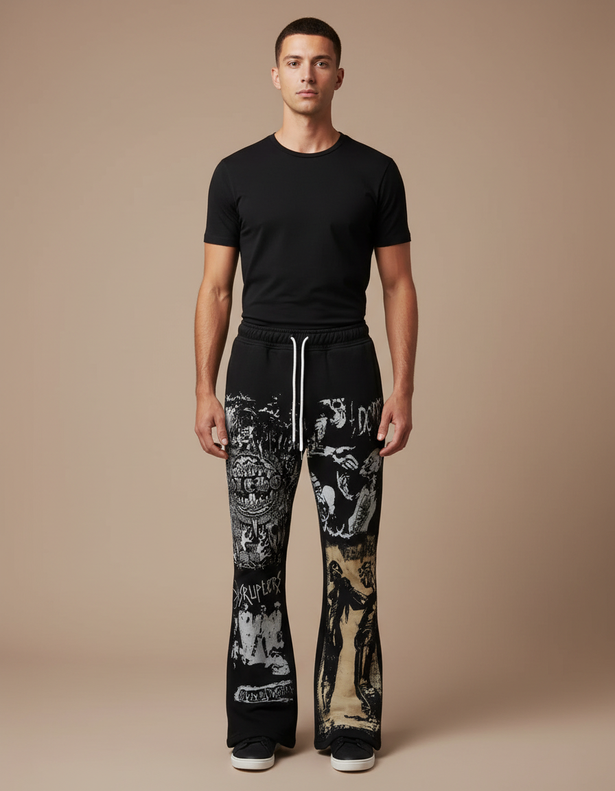 Pantalon Noir Évasé Imprimé Graphique Décontracté Homme - Molleton