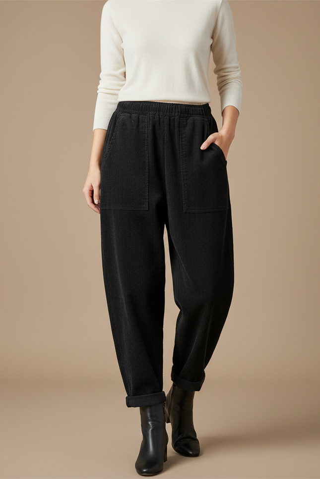 Pantalon Noir Côtelé Ample Taille Élastique Femme - Cordé