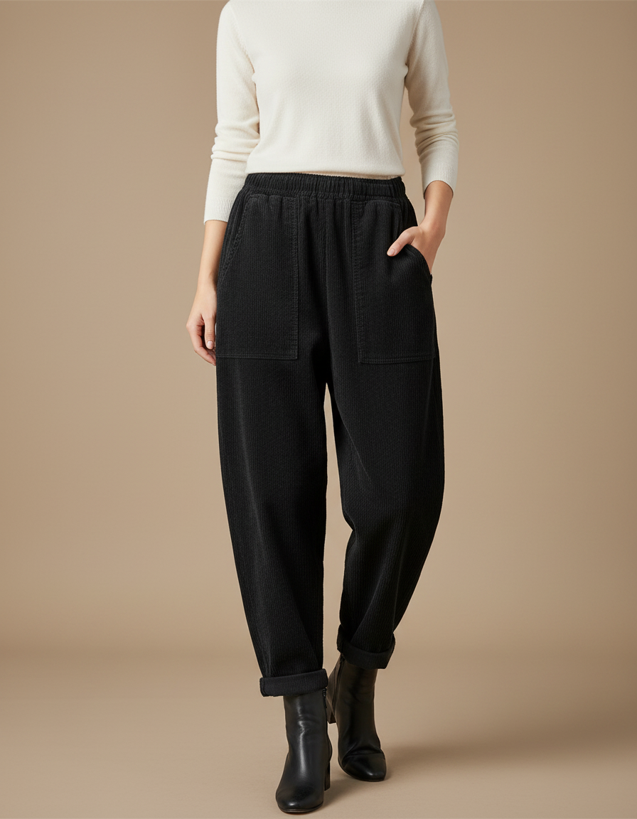 Pantalon Noir Côtelé Ample Taille Élastique Femme - Cordé