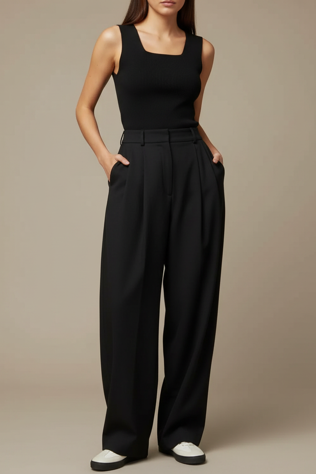 Pantalon Noir Taille Haute Large Fluide Élégant - Viscose