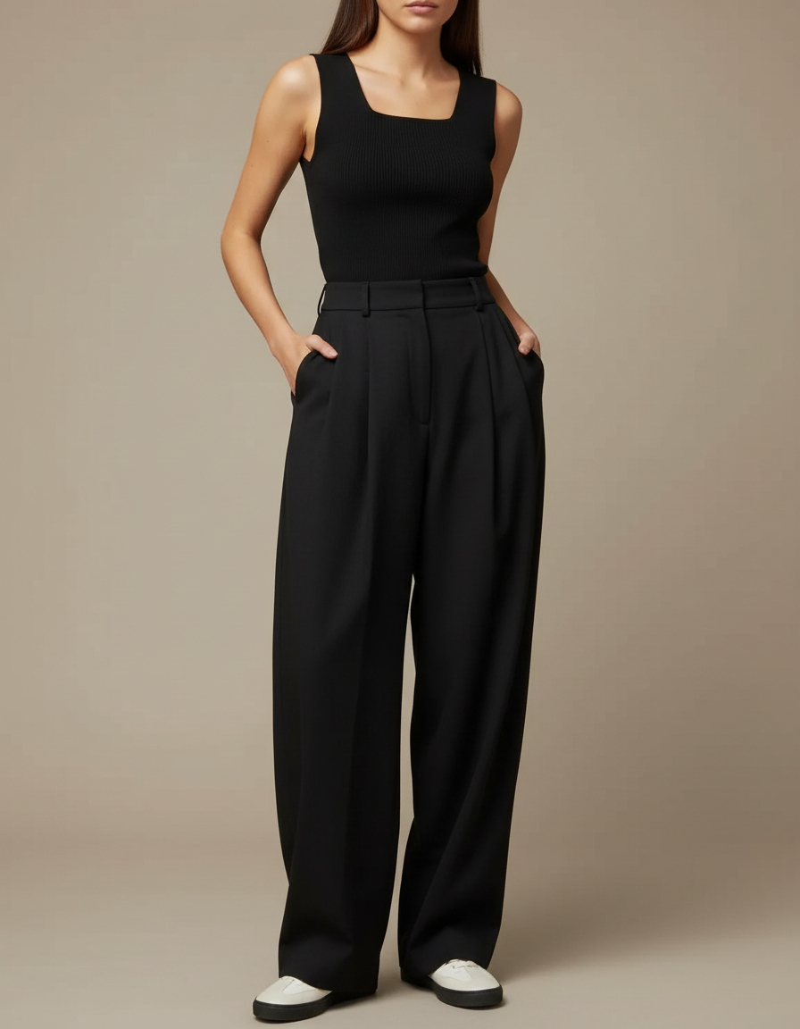 Pantalon Noir Taille Haute Large Fluide Élégant - Viscose