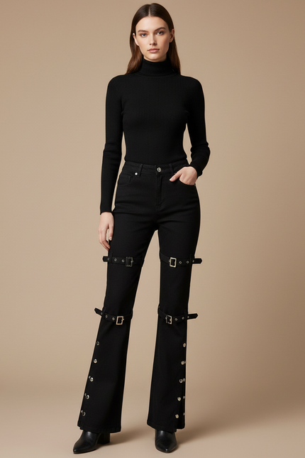 Pantalon Noir Évasé Boucles Métalliques Boutons - Jean