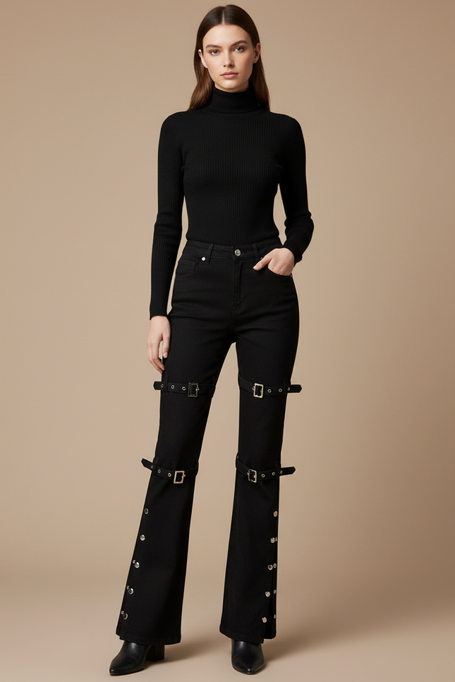 Pantalon Noir Évasé Boucles Métalliques Boutons - Jean