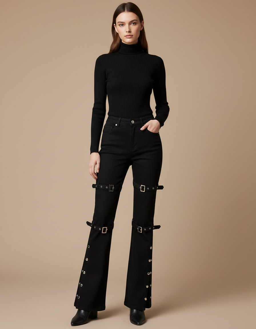 Pantalon Noir Évasé Boucles Métalliques Boutons - Jean