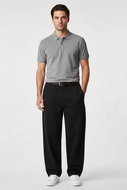 Pantalon Noir Large Droit Décontracté Homme - Polyester