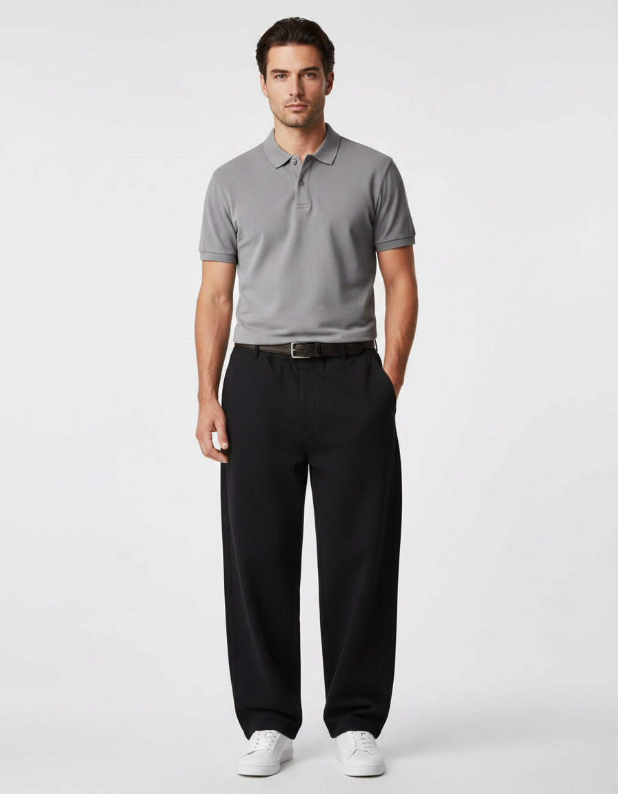Pantalon Noir Large Droit Décontracté Homme - Polyester
