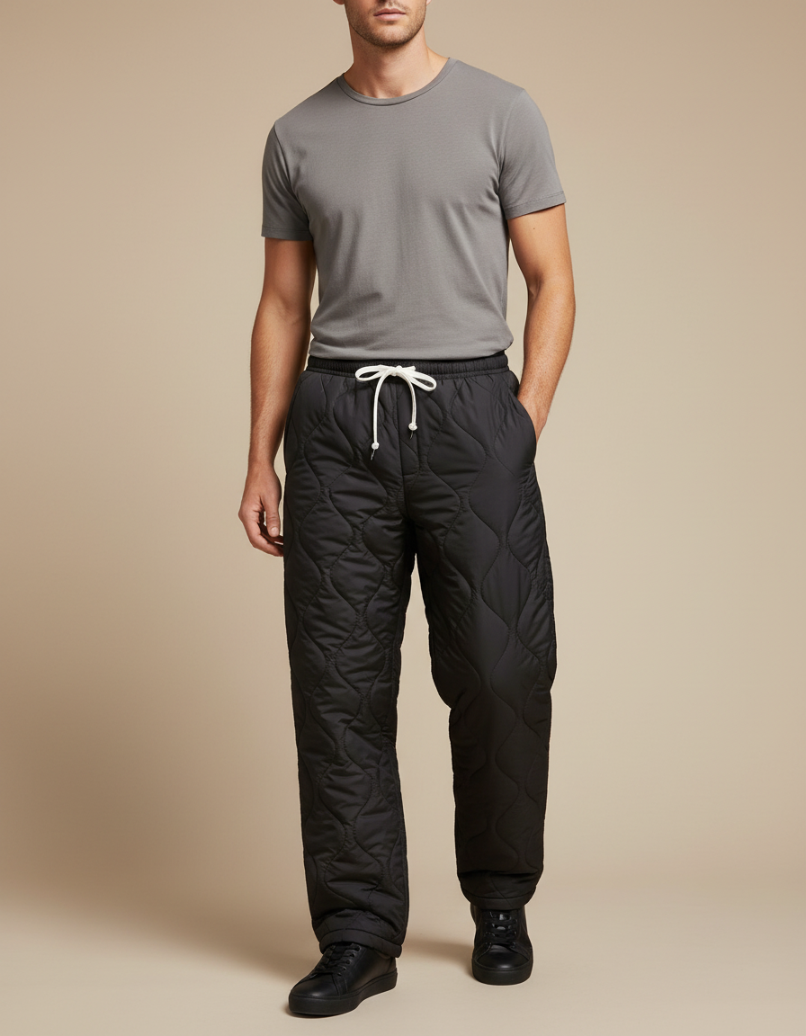 Pantalon Noir Matelassé Ample Décontracté Homme Hiver - Polyester