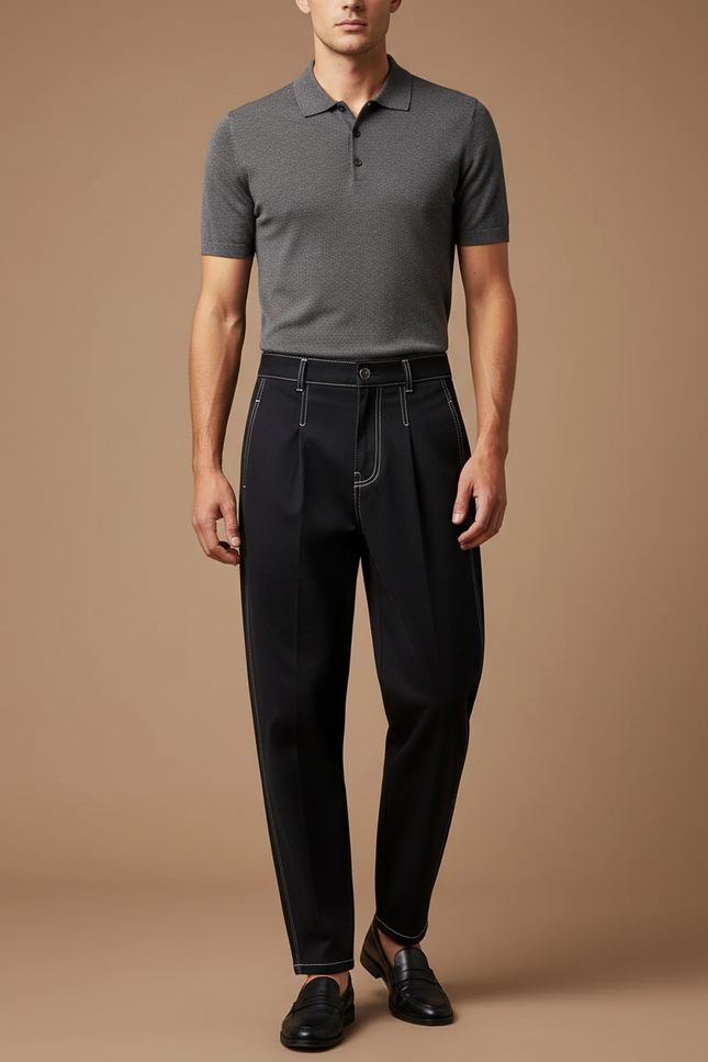 Pantalon Noir Homme Couture Apparente Pince Décontracté - Gabardine