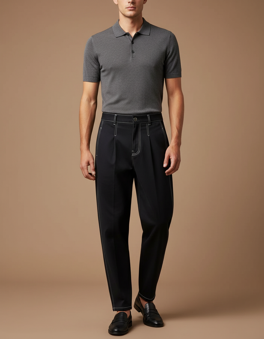 Pantalon Noir Homme Couture Apparente Pince Décontracté - Gabardine