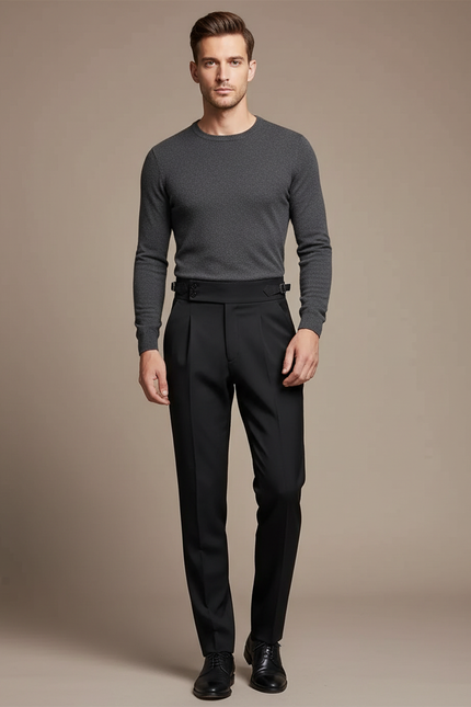 Pantalon Noir Homme Plissé Élégant Ajusté Formel - Gabardine