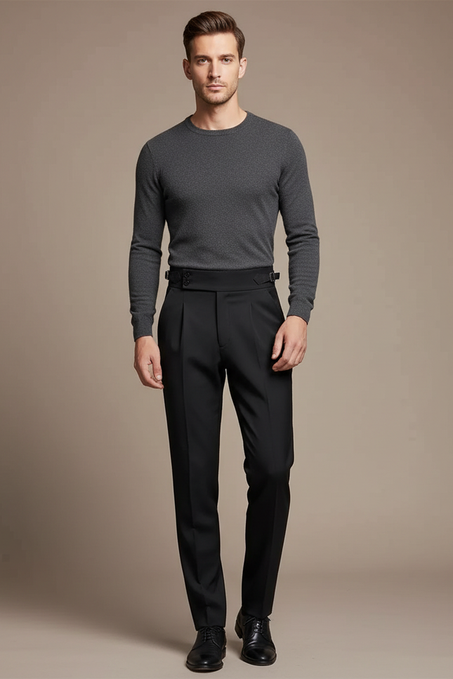 Pantalon Noir Homme Plissé Élégant Ajusté Formel - Gabardine