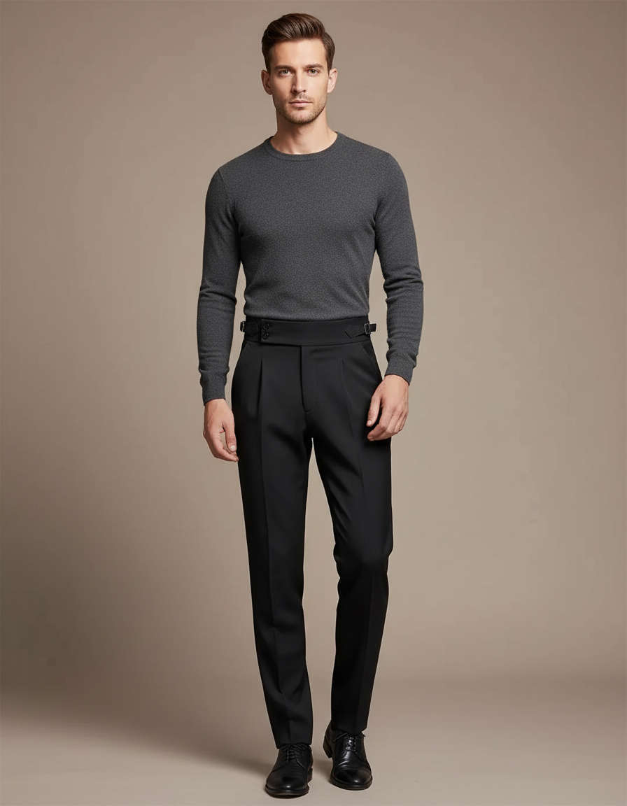 Pantalon Noir Homme Plissé Élégant Ajusté Formel - Gabardine