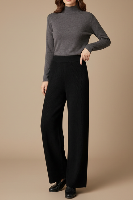 Pantalon Noir Maille Tricot Ample Confortable Femme