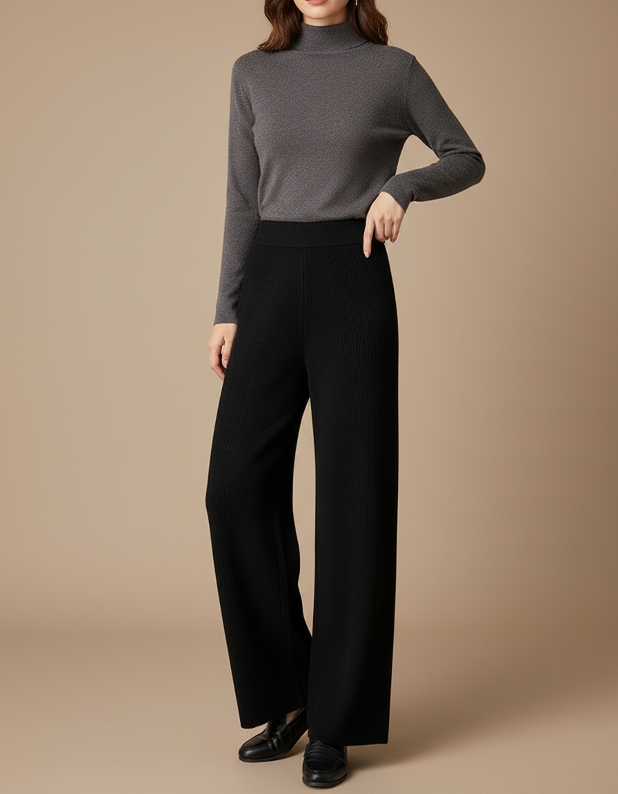 Pantalon Noir Maille Tricot Ample Confortable Femme