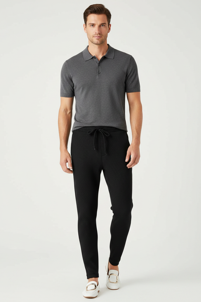 Pantalon Noir Côtelé Ajusté Confortable Homme - Maille