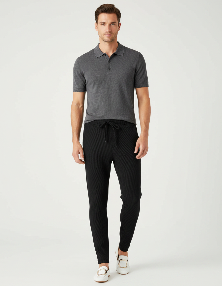 Pantalon Noir Côtelé Ajusté Confortable Homme - Maille