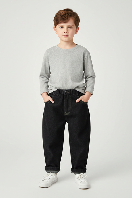 Pantalon Noir Denim Ample Élastique Garçon - Jean