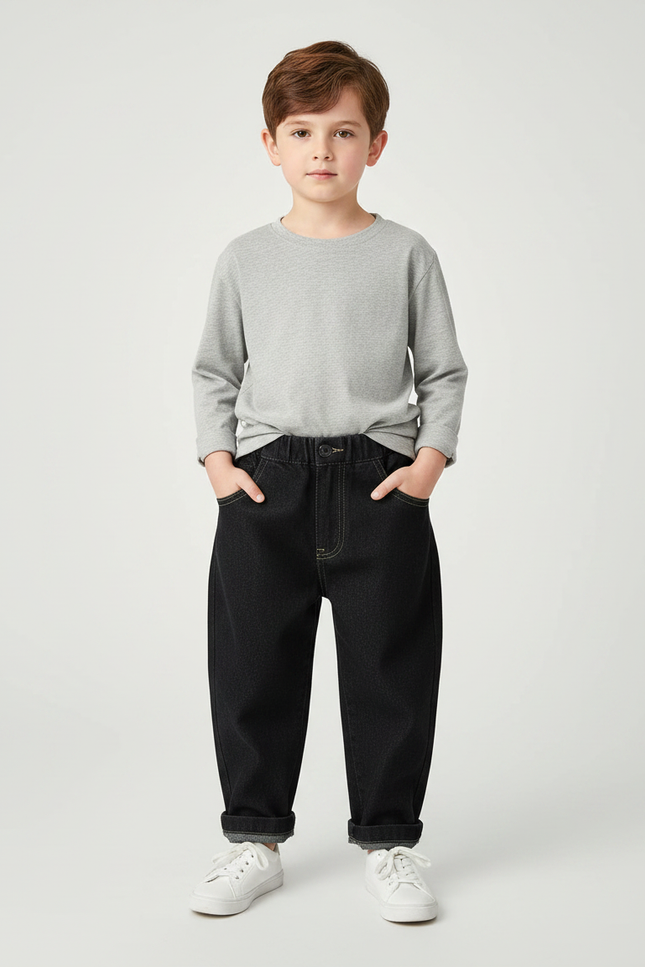 Pantalon Noir Denim Ample Élastique Garçon - Jean