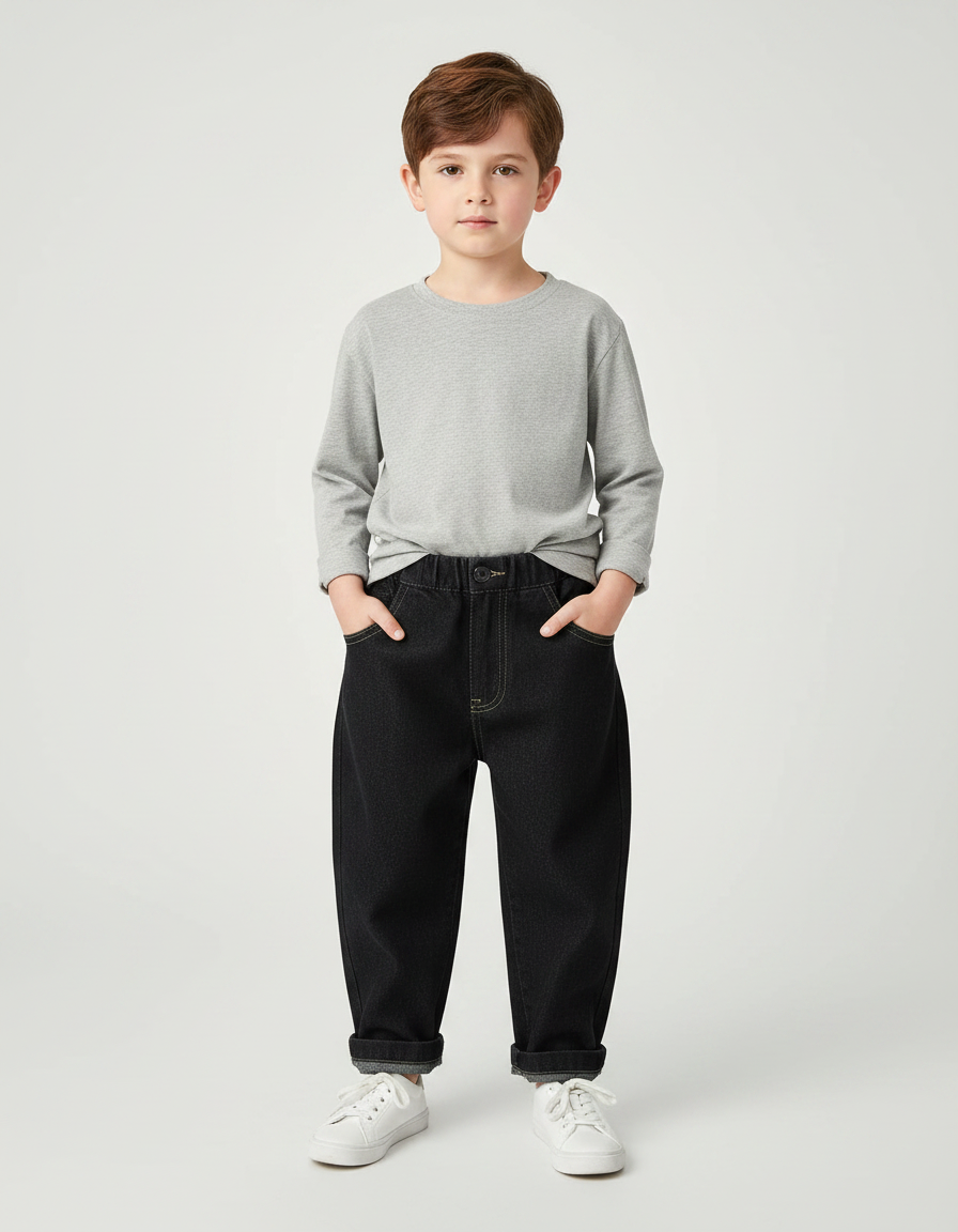 Pantalon Noir Denim Ample Élastique Garçon - Jean
