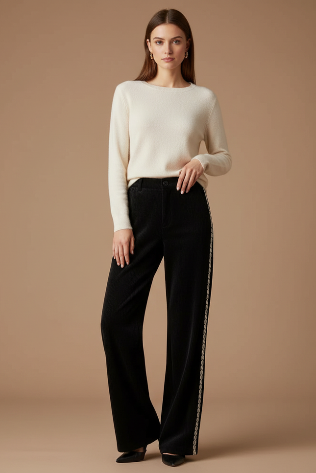 Pantalon Noir Côtelé Ample Décontracté Broderie - Cordé