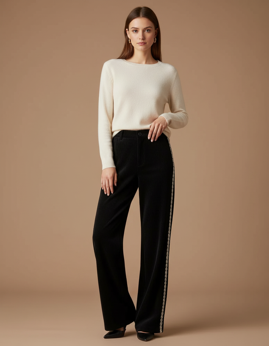 Pantalon Noir Côtelé Ample Décontracté Broderie - Cordé