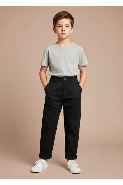 Pantalon Noir Garçon Coton Ample Décontracté - Gabardine