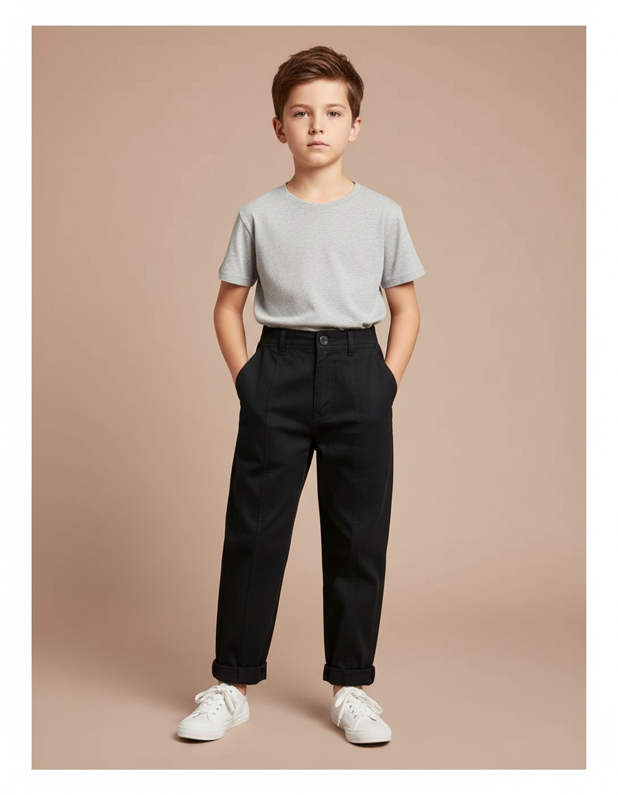 Pantalon Noir Garçon Coton Ample Décontracté - Gabardine