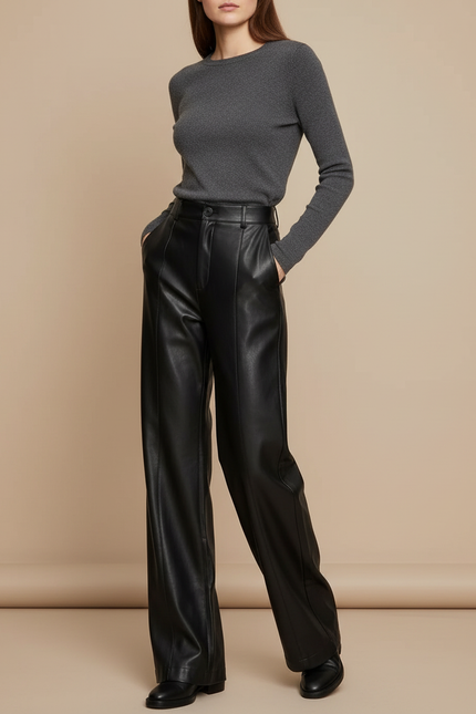 Pantalon Noir En Cuir Ample Droit Élégant Femme