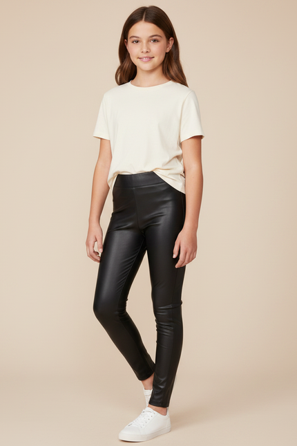 Pantalon Noir Simili Cuir Brillant Extensible Fille