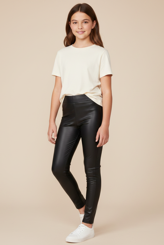 Pantalon Noir Simili Cuir Brillant Extensible Fille