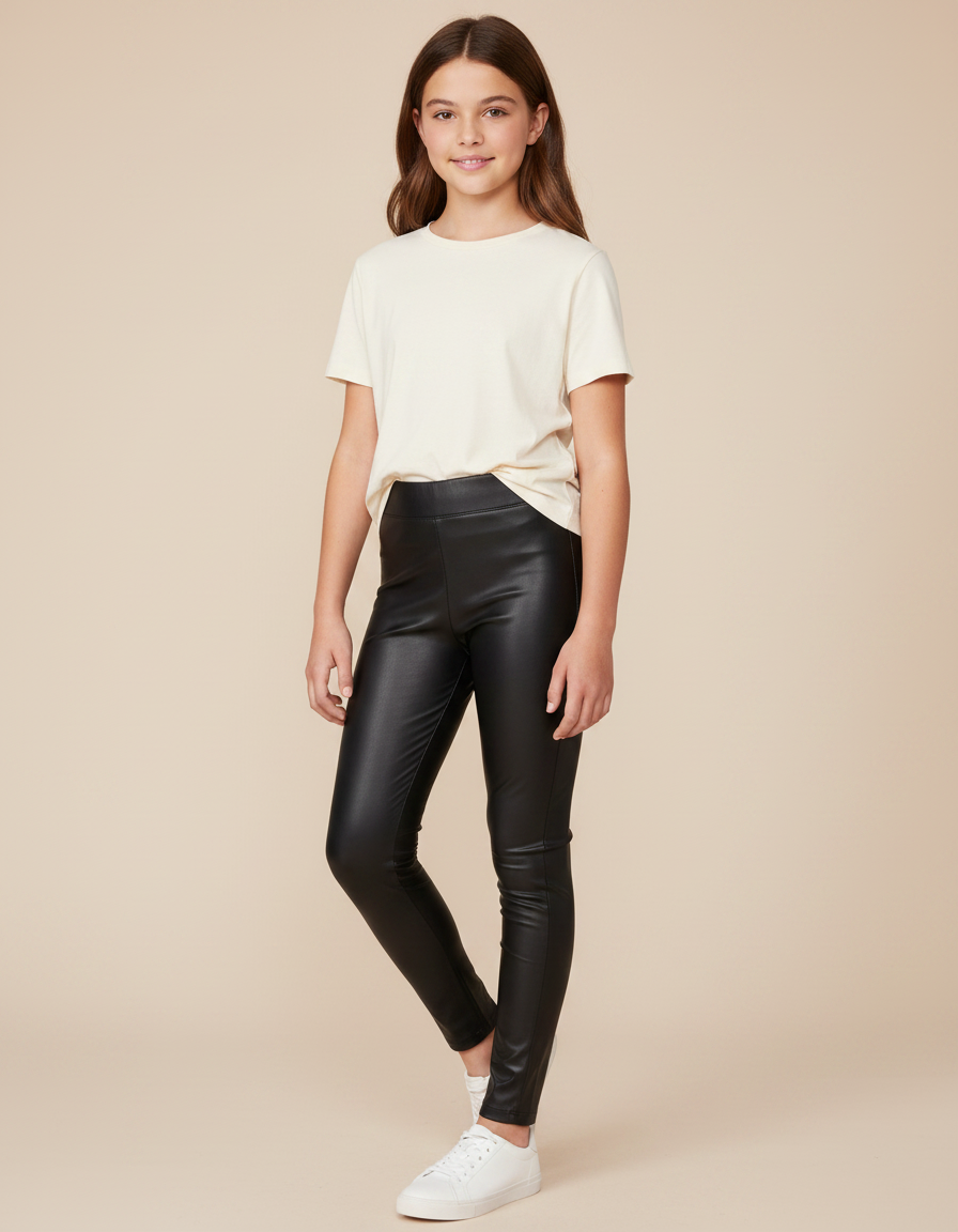 Pantalon Noir Simili Cuir Brillant Extensible Fille