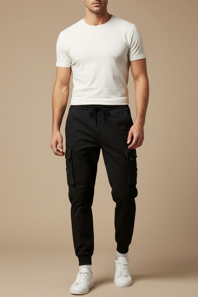 Pantalon Noir Cargo Cordon Slim Homme - Coton