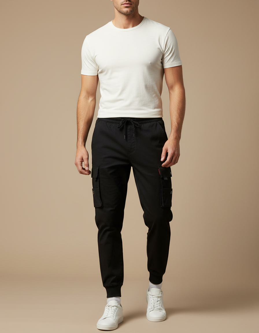 Pantalon Noir Cargo Cordon Slim Homme - Coton