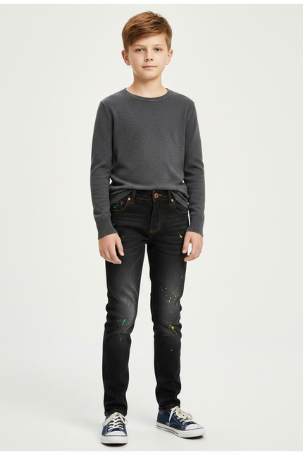 Pantalon Noir Slim Garçon Peinture Décontracté - Jean