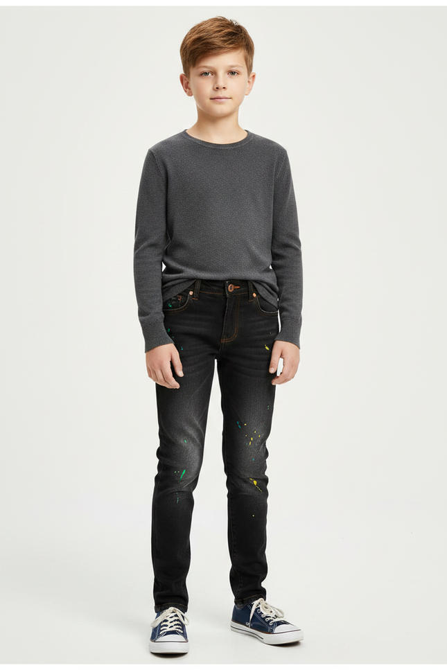 Pantalon Noir Slim Garçon Peinture Décontracté - Jean