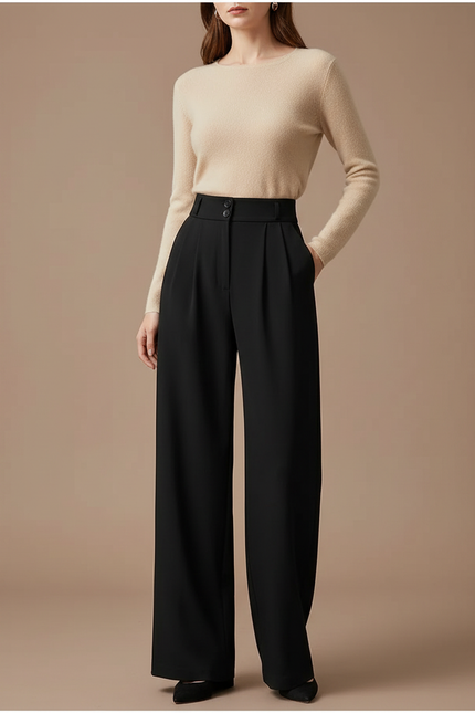 Pantalon Noir Large Plissé Taille Haute Femme - Polyester