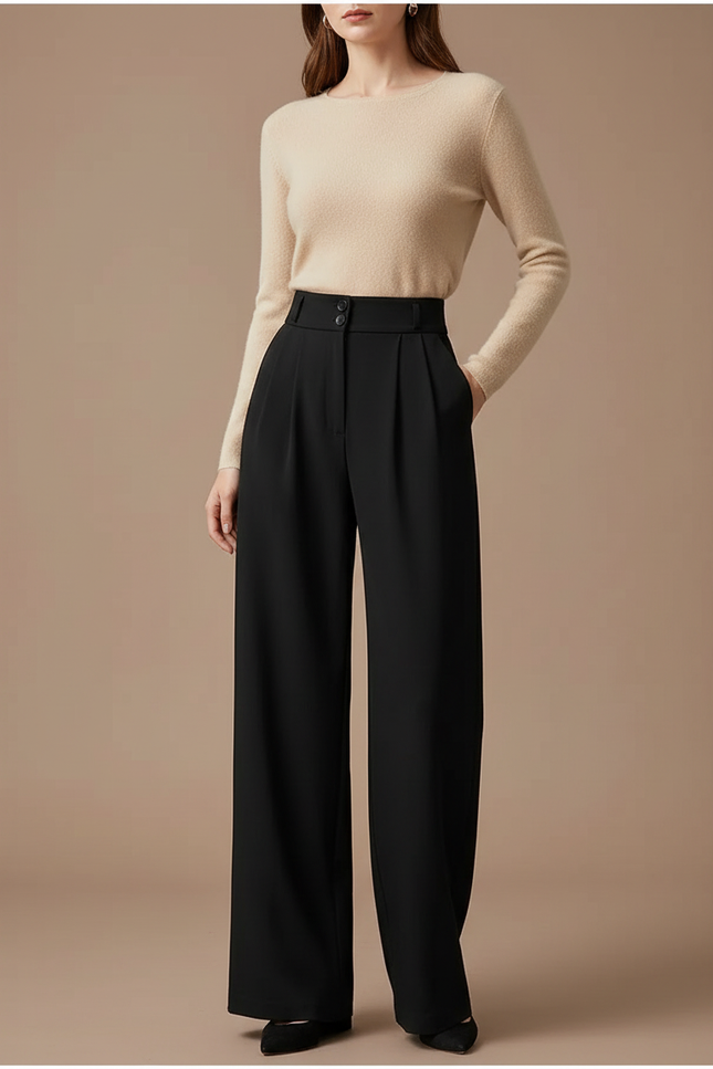 Pantalon Noir Large Plissé Taille Haute Femme - Polyester