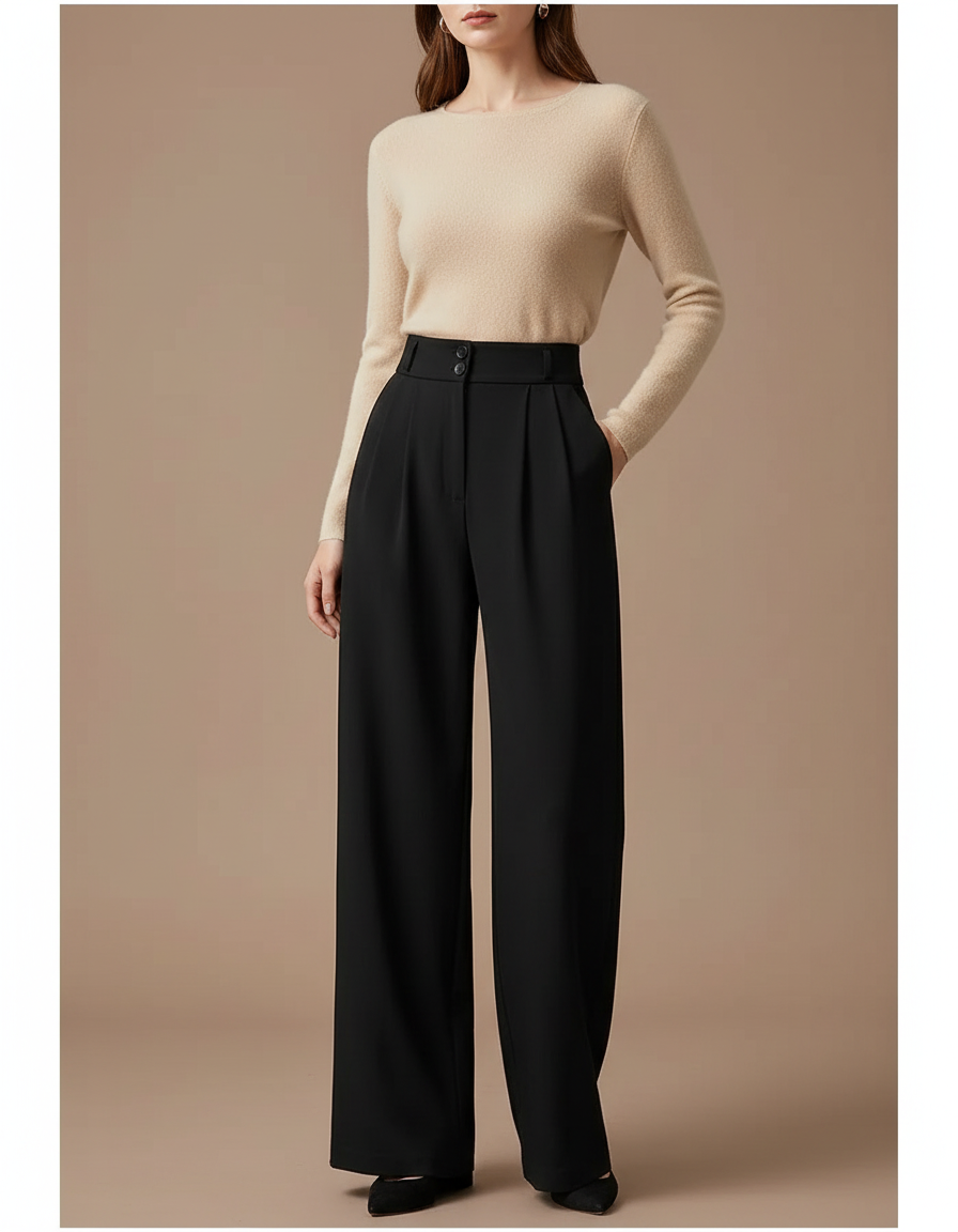 Pantalon Noir Large Plissé Taille Haute Femme - Polyester