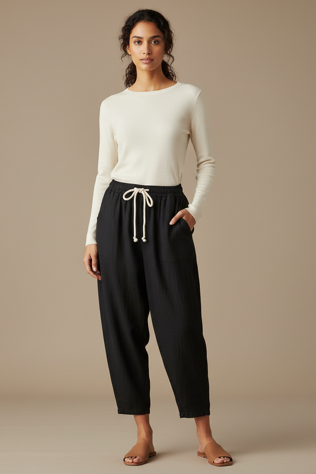 Pantalon Noir Harem Lin Décontracté Femme Cordon