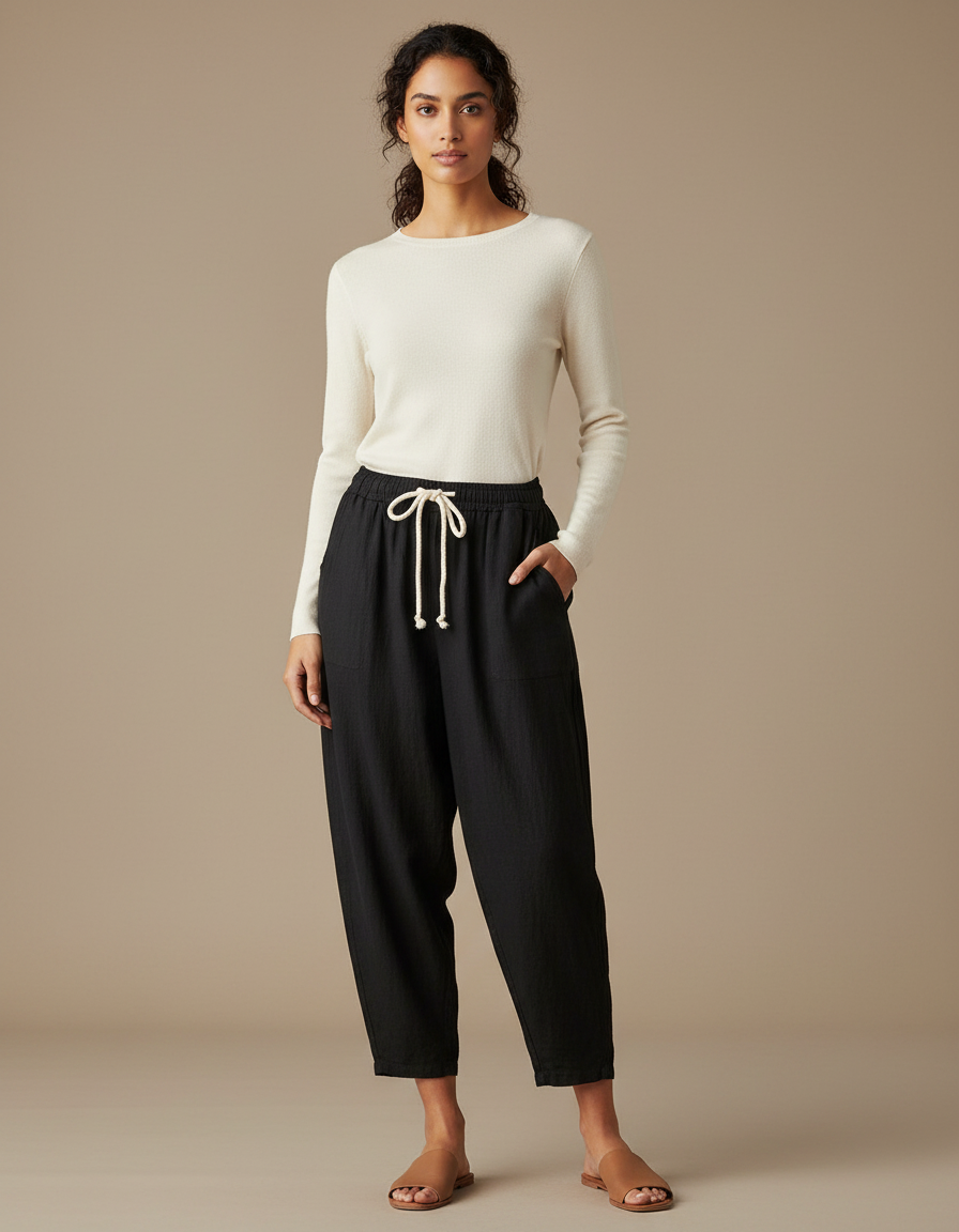 Pantalon Noir Harem Lin Décontracté Femme Cordon